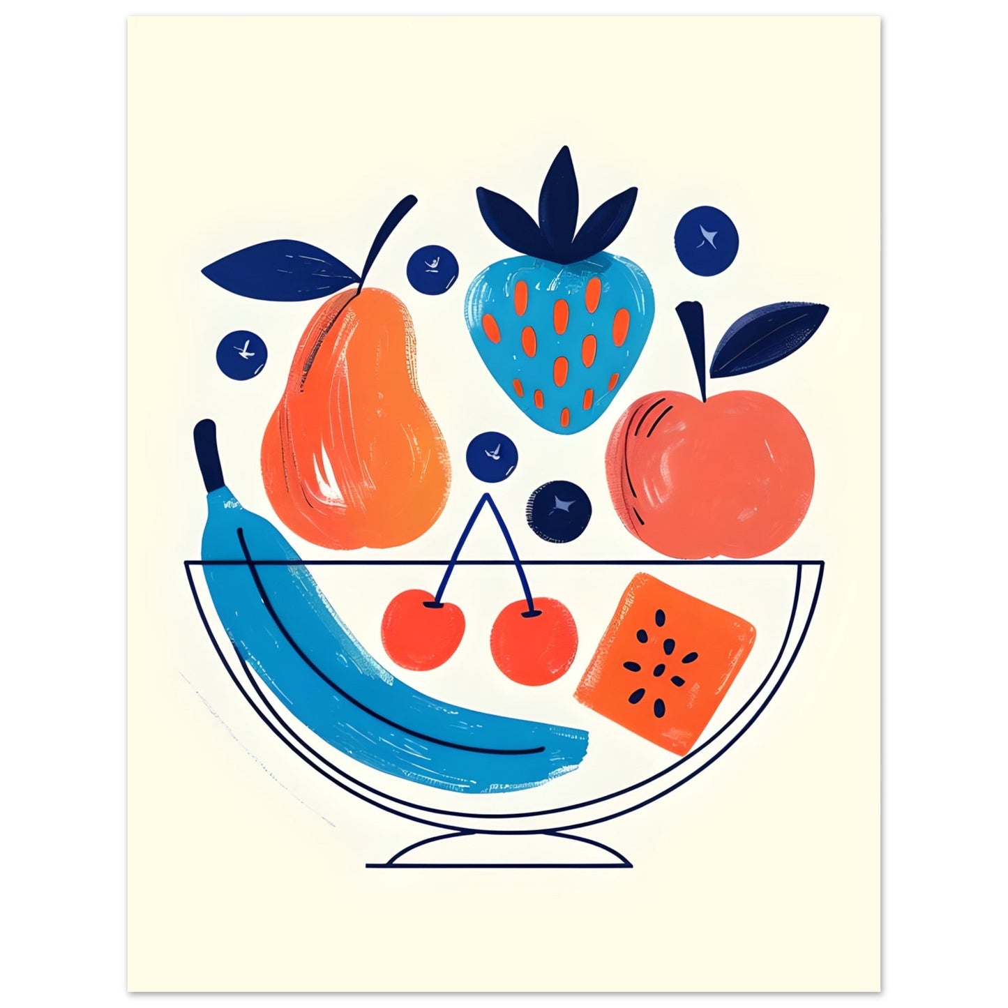 Modern Fruit Bowl Poster - Scandinavian Kitchen Wall Art - Colorful Food Illustration Print