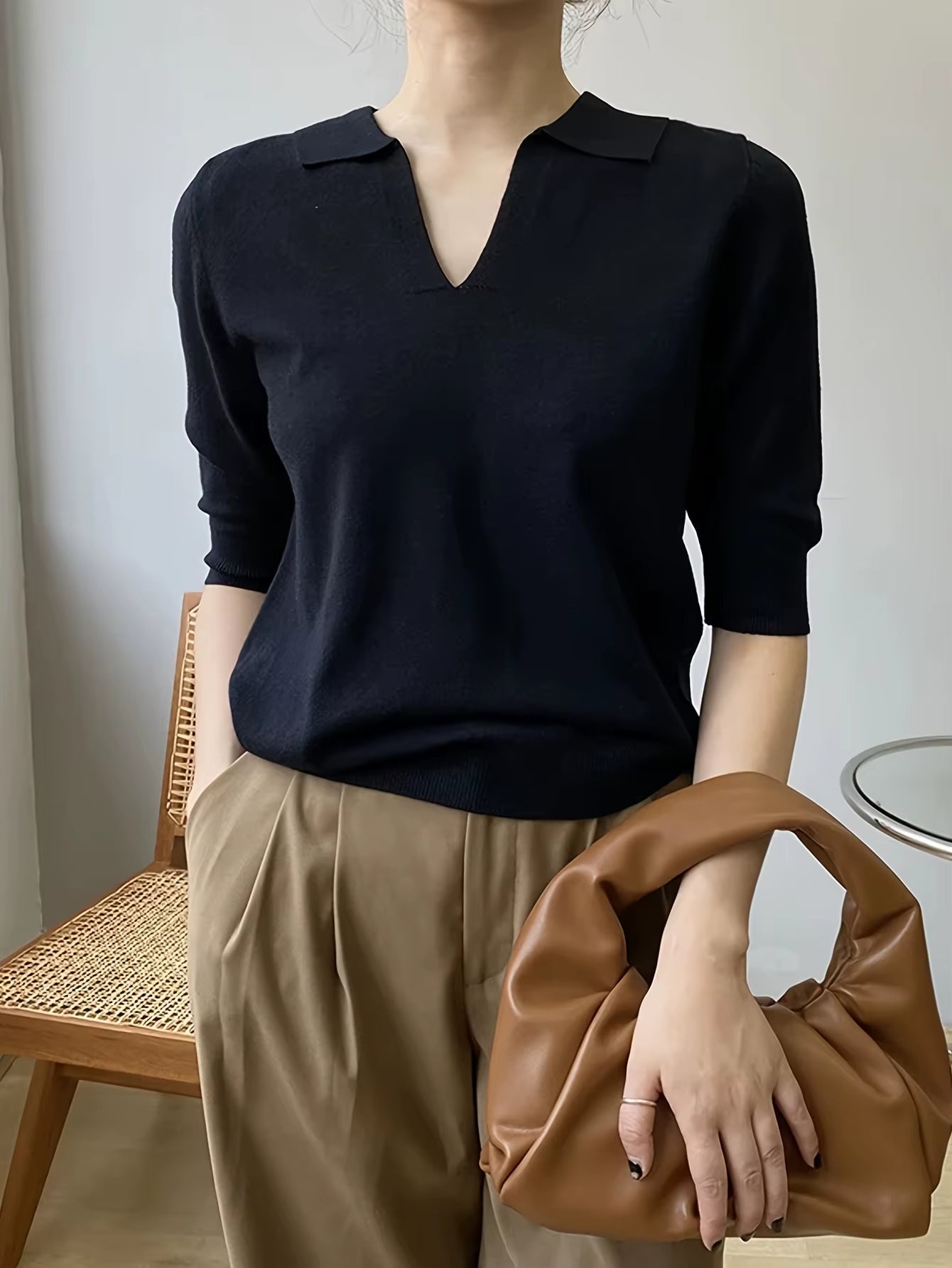 Spring and Summer Lapel Small V Solid Color Three-Quarter Sleeve Knitwear, Simple and Elegant, Fashionable and Versatile