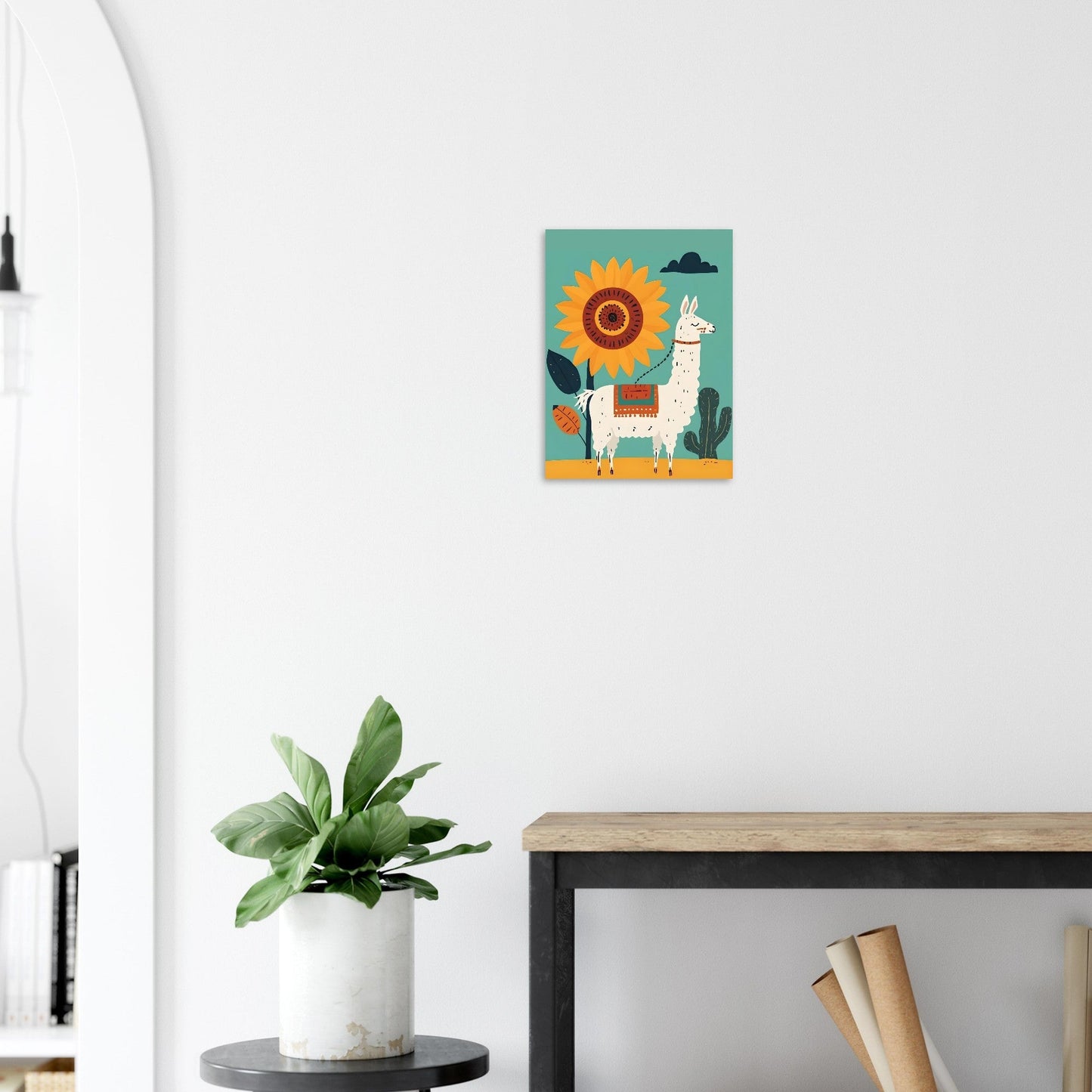 Whimsical Llama Folk Art Poster - Boho Wall Decor - Modern Mid-Century Colors