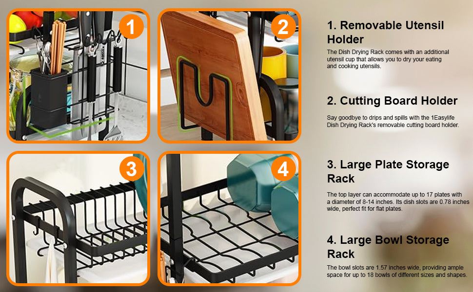 3 Tier Dish Drying Rack Drain Board Set Tableware Drainer Kitchen Countertop Storage Rack Cup Holder Knife and Fork Holder Uk