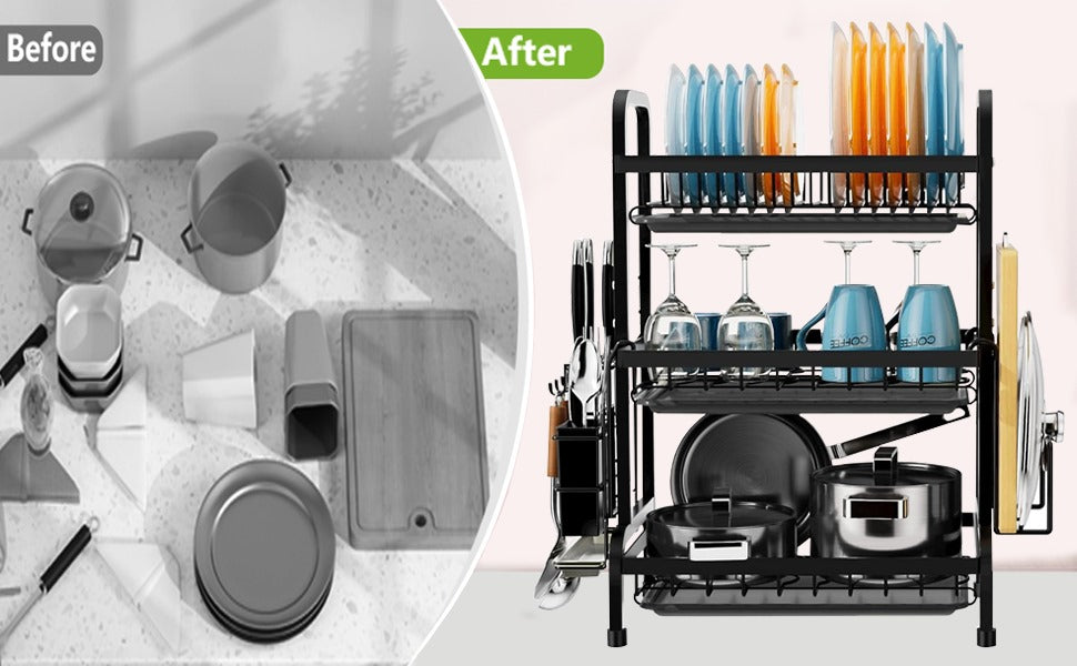 3 Tier Dish Drying Rack Drain Board Set Tableware Drainer Kitchen Countertop Storage Rack Cup Holder Knife and Fork Holder Uk