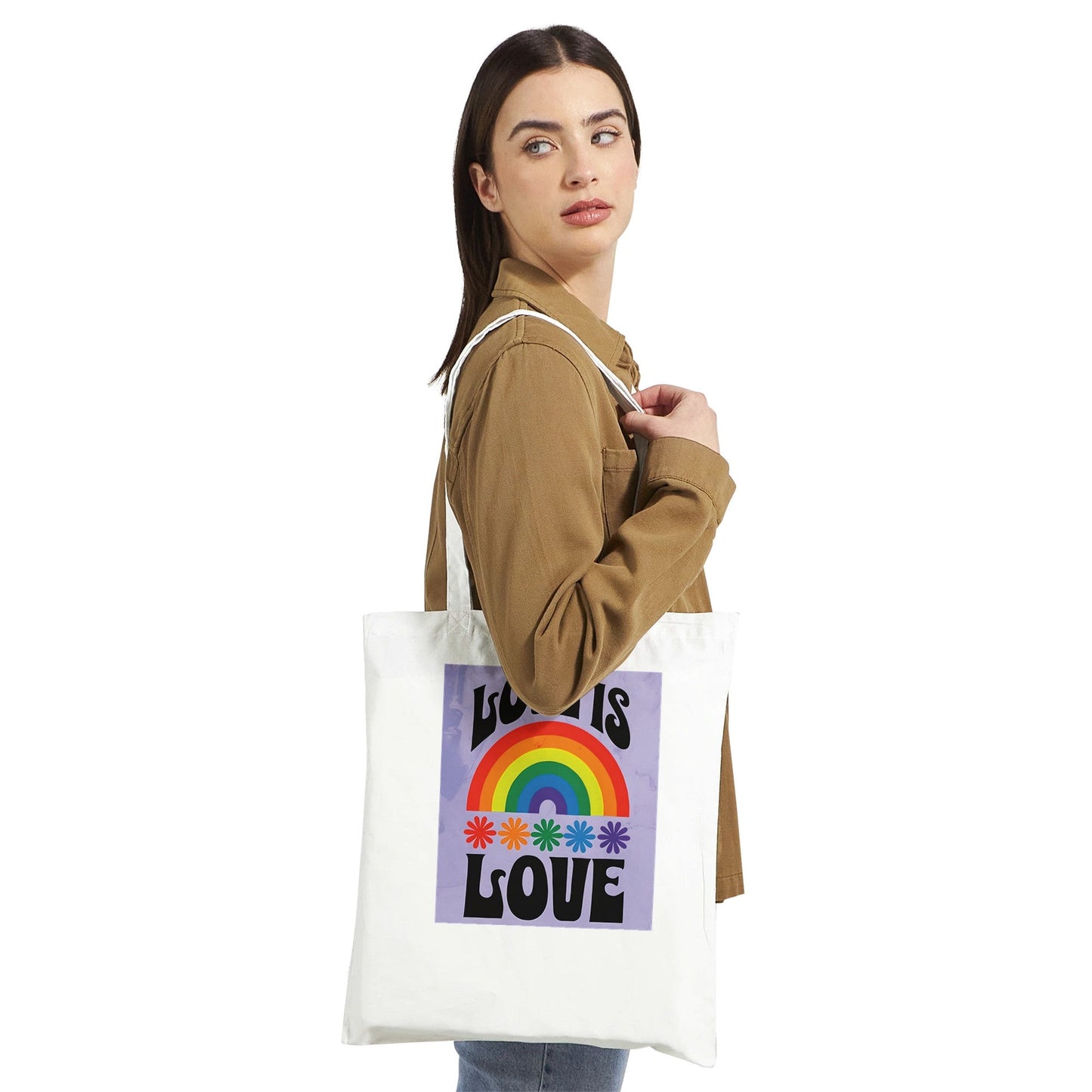 Love Is Love Tote Bag – LGBTQ+ Pride Rainbow Shopper Bag | Eco-Friendly Reusable Cotton Tote with Retro 70s Style Design