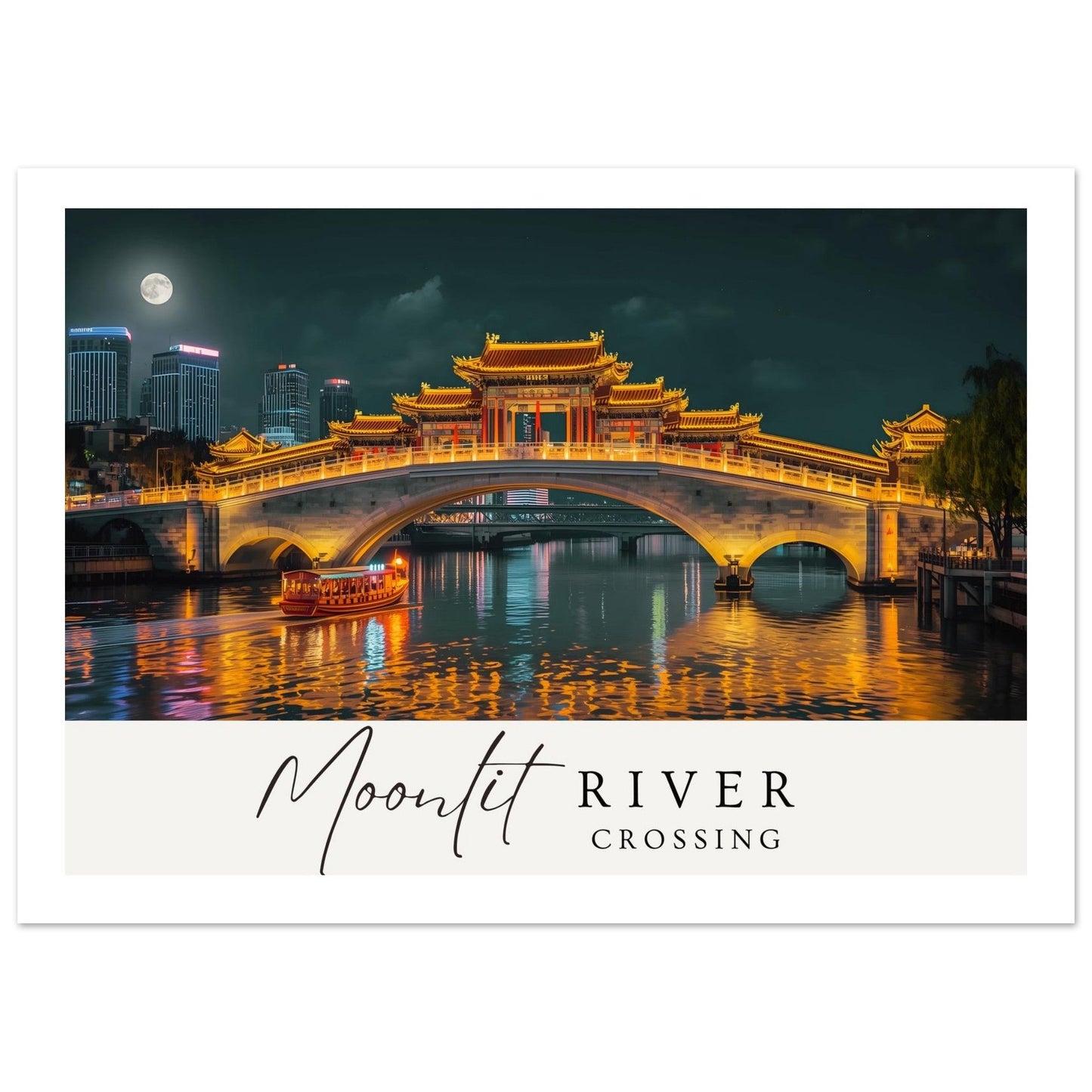 Moonlit River Crossing Poster | Illuminated Bridge Night Scene | Modern Landscape Wall Art Print