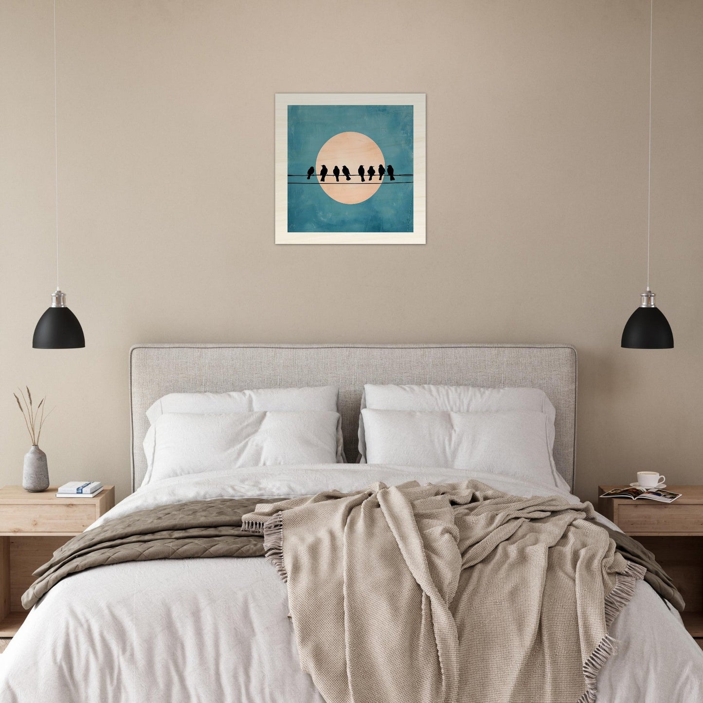 Birds on a Wire Wooden Wall Art - Minimalist Sunset Silhouette Print - Rustic Home Decor