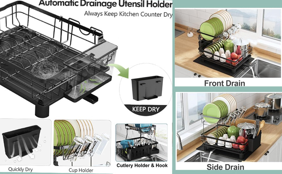 2Tier Dish Drainer Rack Space-Saving Dish Rack with Swivel Drainage Large Capacity Drainboard Utensil Holder Plates Cups Cutlery