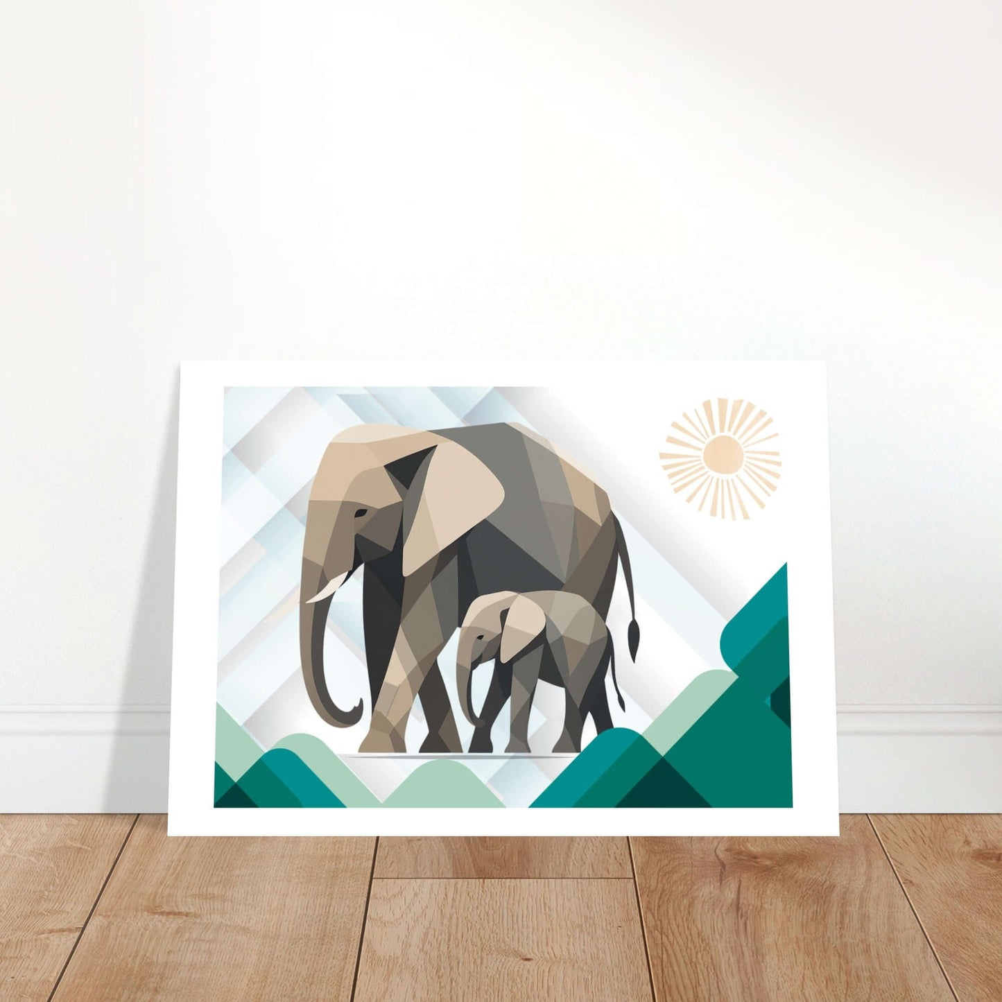Elephant Duo Wall Art - Neutral Geometric Wildlife Illustration - Eco-Friendly Poster