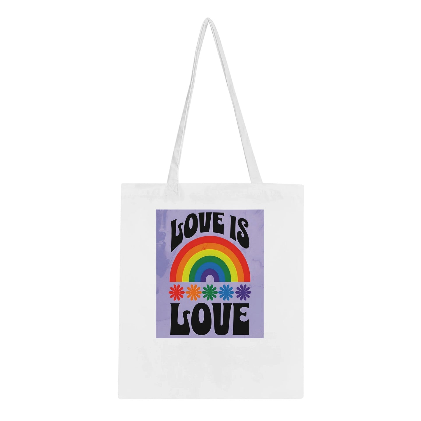 Love Is Love Tote Bag – LGBTQ+ Pride Rainbow Shopper Bag | Eco-Friendly Reusable Cotton Tote with Retro 70s Style Design