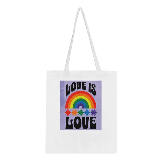Love Is Love Tote Bag – LGBTQ+ Pride Rainbow Shopper Bag | Eco-Friendly Reusable Cotton Tote with Retro 70s Style Design