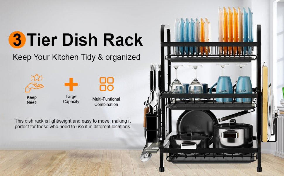 3 Tier Dish Drying Rack Drain Board Set Tableware Drainer Kitchen Countertop Storage Rack Cup Holder Knife and Fork Holder Uk