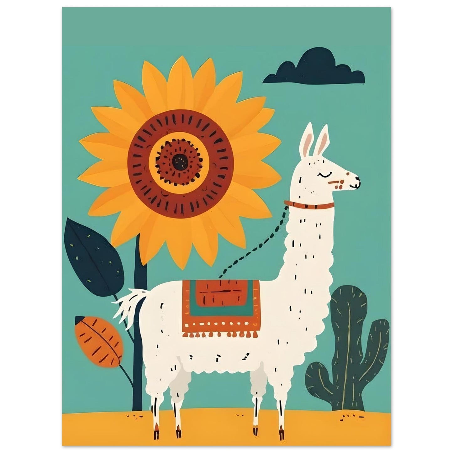 Whimsical Llama Folk Art Poster - Boho Wall Decor - Modern Mid-Century Colors