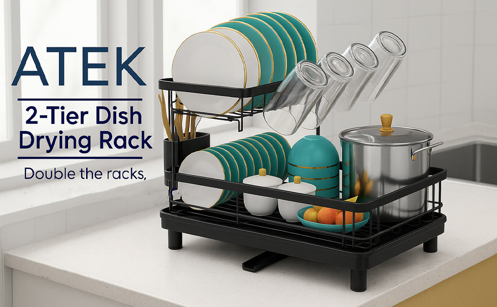 2Tier Dish Drainer Rack Space-Saving Dish Rack with Swivel Drainage Large Capacity Drainboard Utensil Holder Plates Cups Cutlery