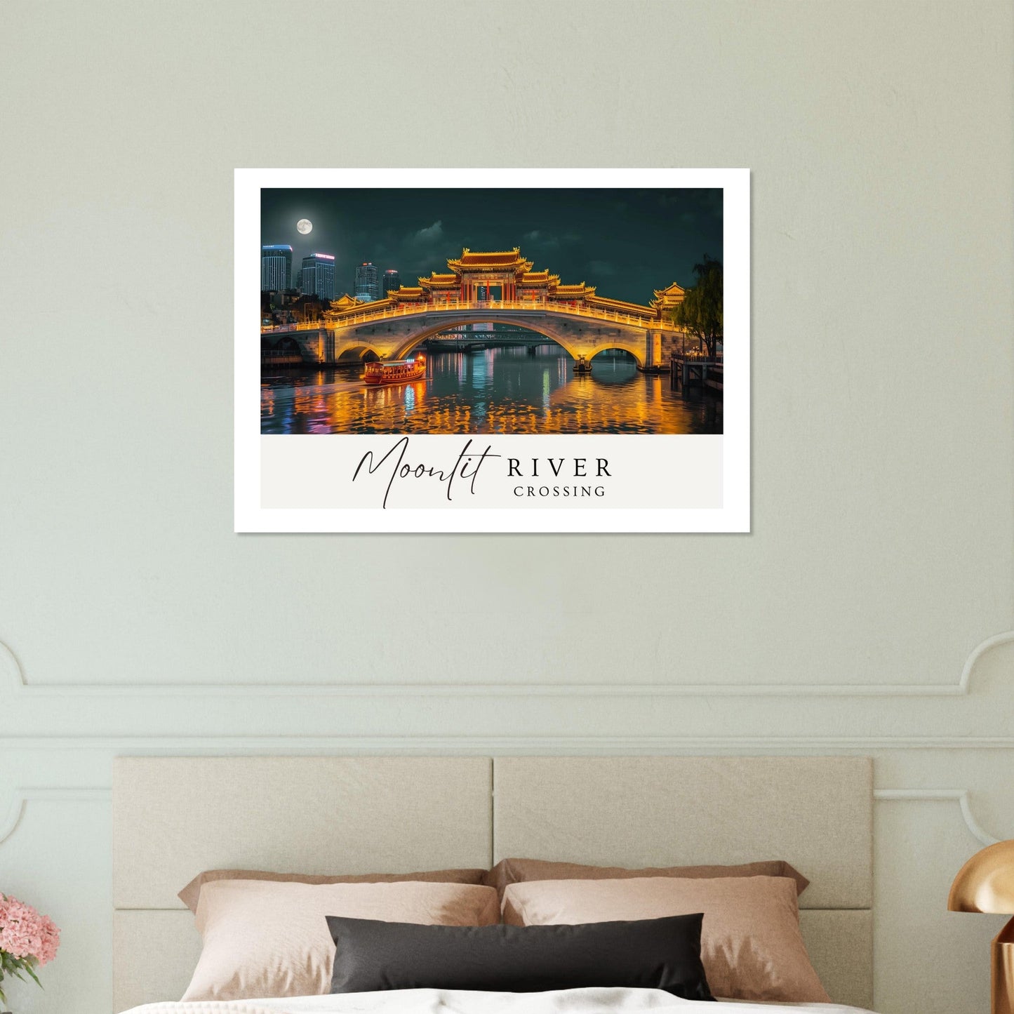 Moonlit River Crossing Poster | Illuminated Bridge Night Scene | Modern Landscape Wall Art Print