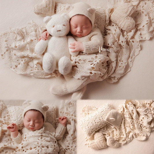 KD Newborn Photography Outfit INS White Bear Set Knitted Hat Long Sleeve Jumpsuit Baby Shoot Clothing Cute Bear Doll Photo Props