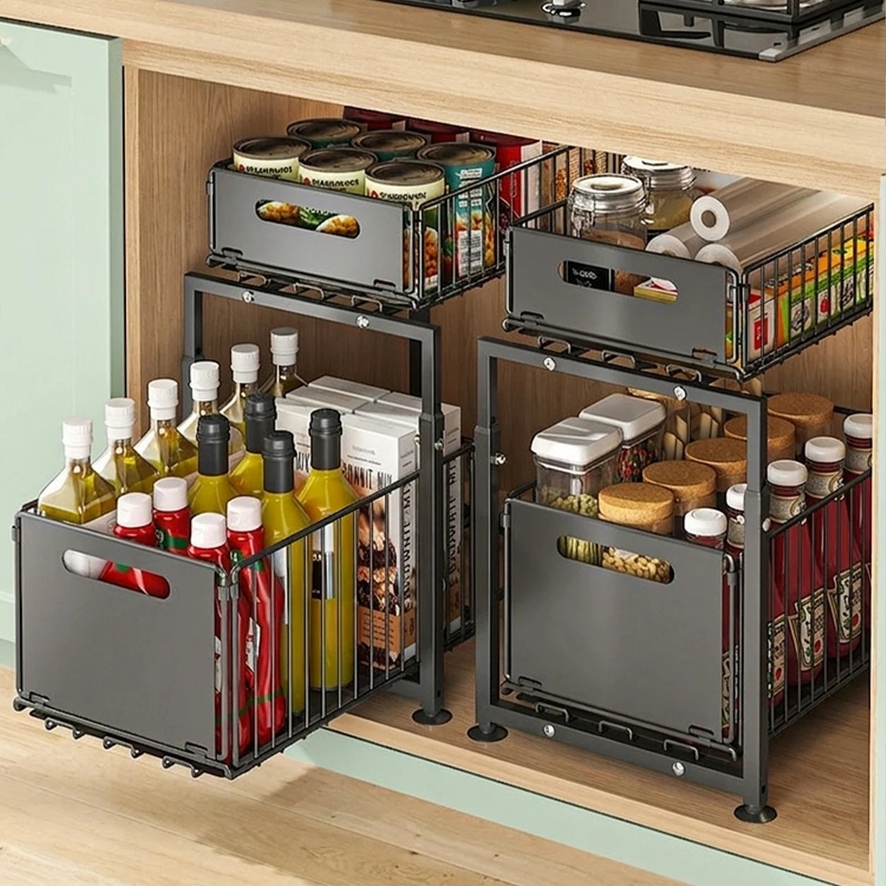 2 Tier Under Sink Organiser Adjustable Height Pull Out Basket Sliding Cabinet Storage Rack for Kitchen Bathroom Pantry