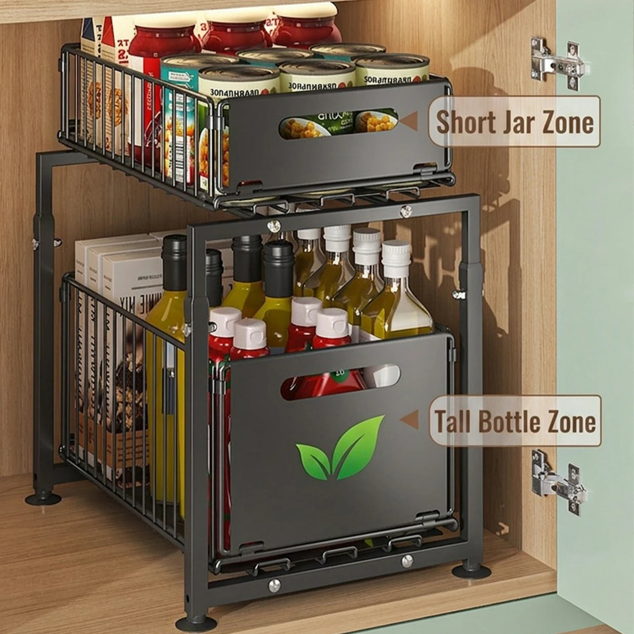 2 Tier Under Sink Organiser Adjustable Height Pull Out Basket Sliding Cabinet Storage Rack for Kitchen Bathroom Pantry