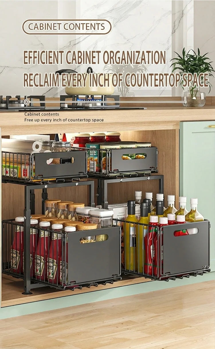 2 Tier Under Sink Organiser Adjustable Height Pull Out Basket Sliding Cabinet Storage Rack for Kitchen Bathroom Pantry