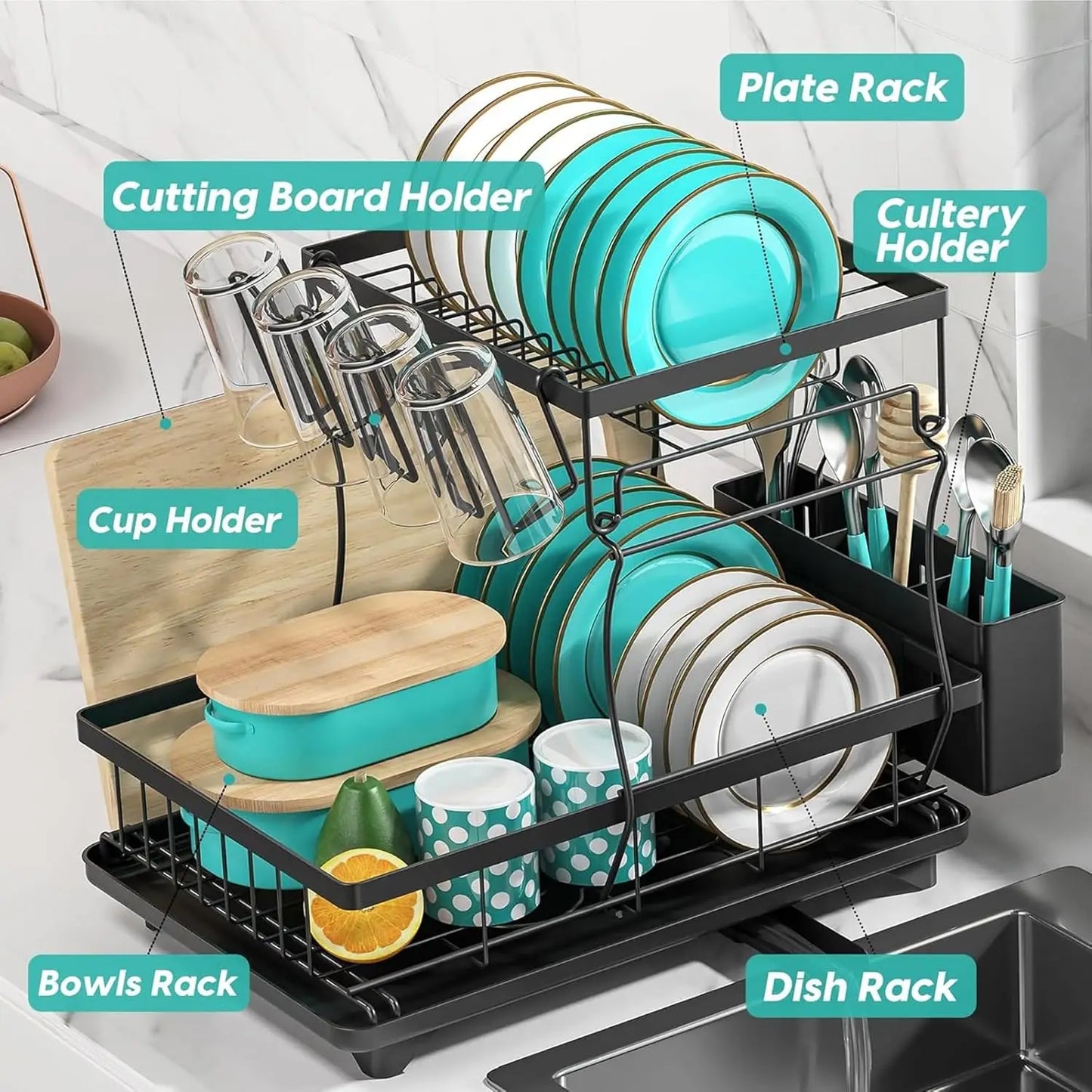 2Tier Dish Drainer Rack Space-Saving Dish Rack with Swivel Drainage Large Capacity Drainboard Utensil Holder Plates Cups Cutlery