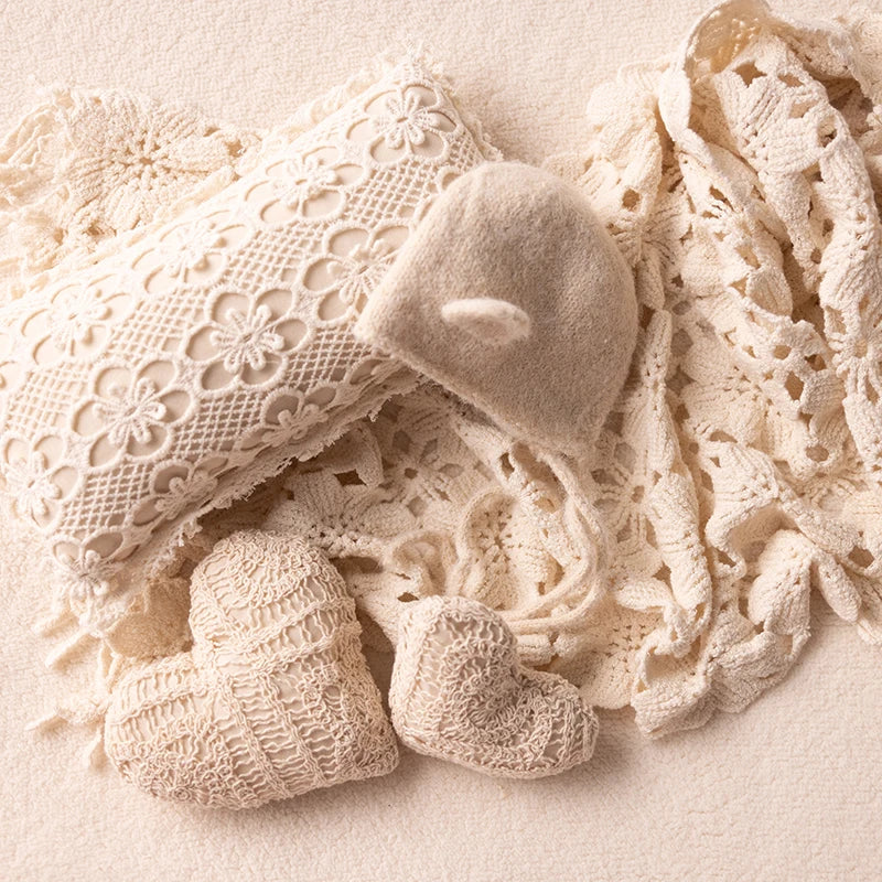 KD Newborn Photography Outfit INS White Bear Set Knitted Hat Long Sleeve Jumpsuit Baby Shoot Clothing Cute Bear Doll Photo Props