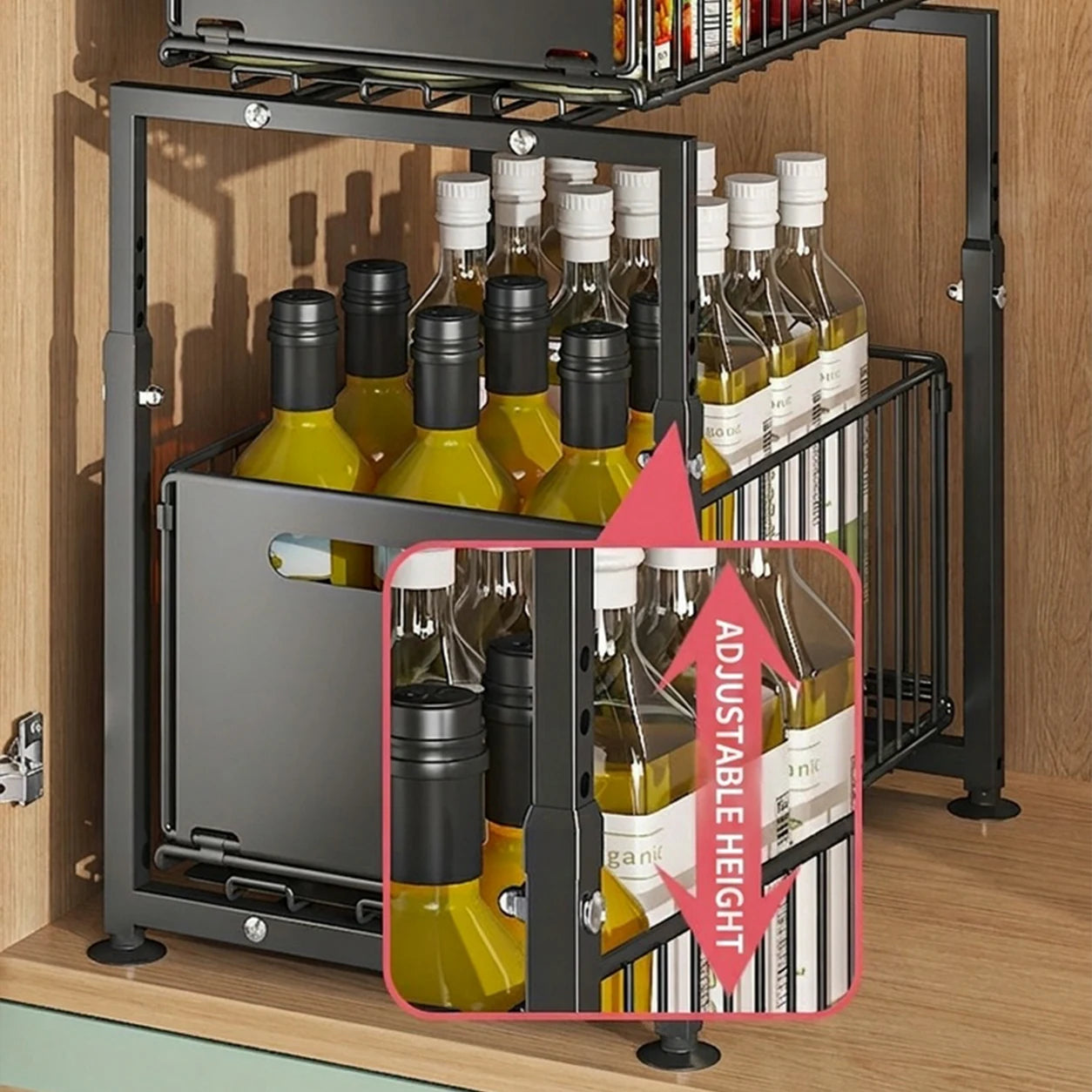 2 Tier Under Sink Organiser Adjustable Height Pull Out Basket Sliding Cabinet Storage Rack for Kitchen Bathroom Pantry