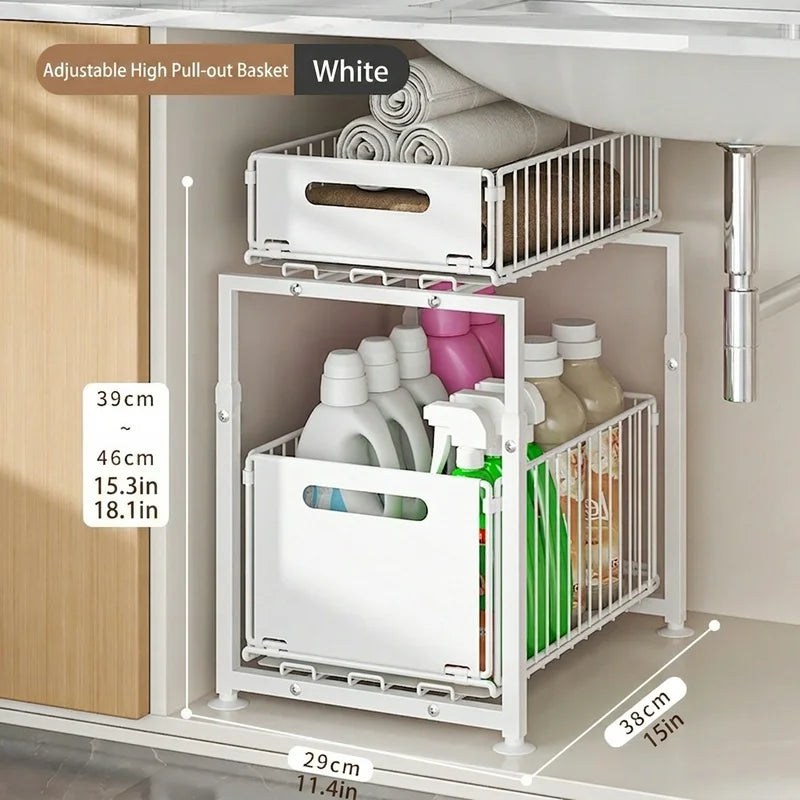 2 Tier Under Sink Organiser Adjustable Height Pull Out Basket Sliding Cabinet Storage Rack for Kitchen Bathroom Pantry