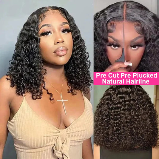 250 Density 14 16 Inch Deep Wave Short Bob 6x4 Glueless Wig Human Hair Ready to Wear 4x4 Curly Transparent Lace Frontal Wig