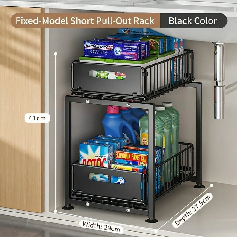 2 Tier Under Sink Organiser Adjustable Height Pull Out Basket Sliding Cabinet Storage Rack for Kitchen Bathroom Pantry