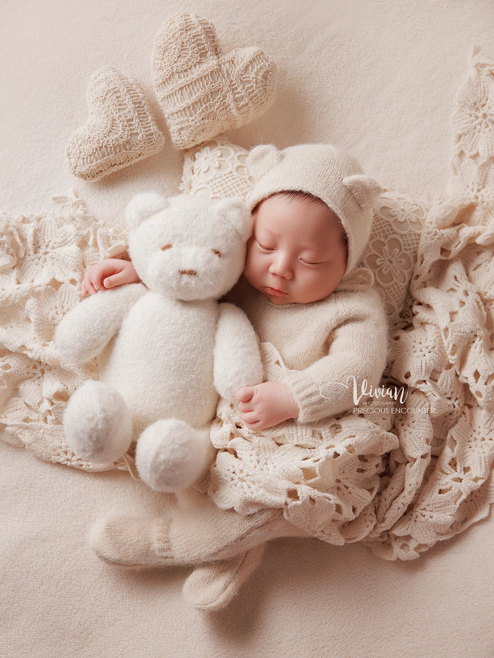 KD Newborn Photography Outfit INS White Bear Set Knitted Hat Long Sleeve Jumpsuit Baby Shoot Clothing Cute Bear Doll Photo Props