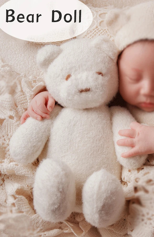 KD Newborn Photography Outfit INS White Bear Set Knitted Hat Long Sleeve Jumpsuit Baby Shoot Clothing Cute Bear Doll Photo Props