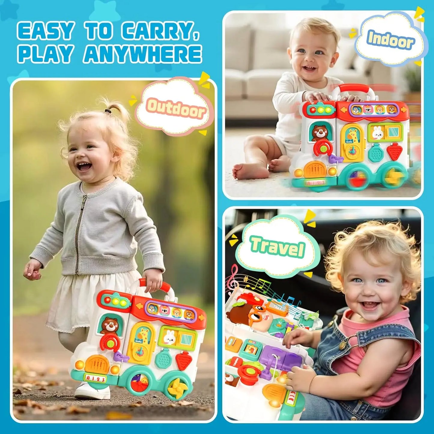 Baby Musical Busy Board Bus Montessori Sensory Toys Early Educational Activities Toy  Fine Motor Toys Travel Gifts for Todders