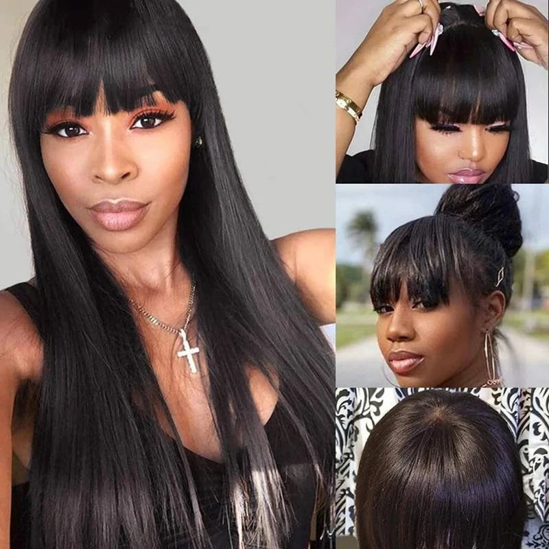 100% Human Hair Wig With Bangs Short Bob Human Hair Wigs For Black Women Cheap Brazilian Straight Black 30 Inch Long Fringe Wig