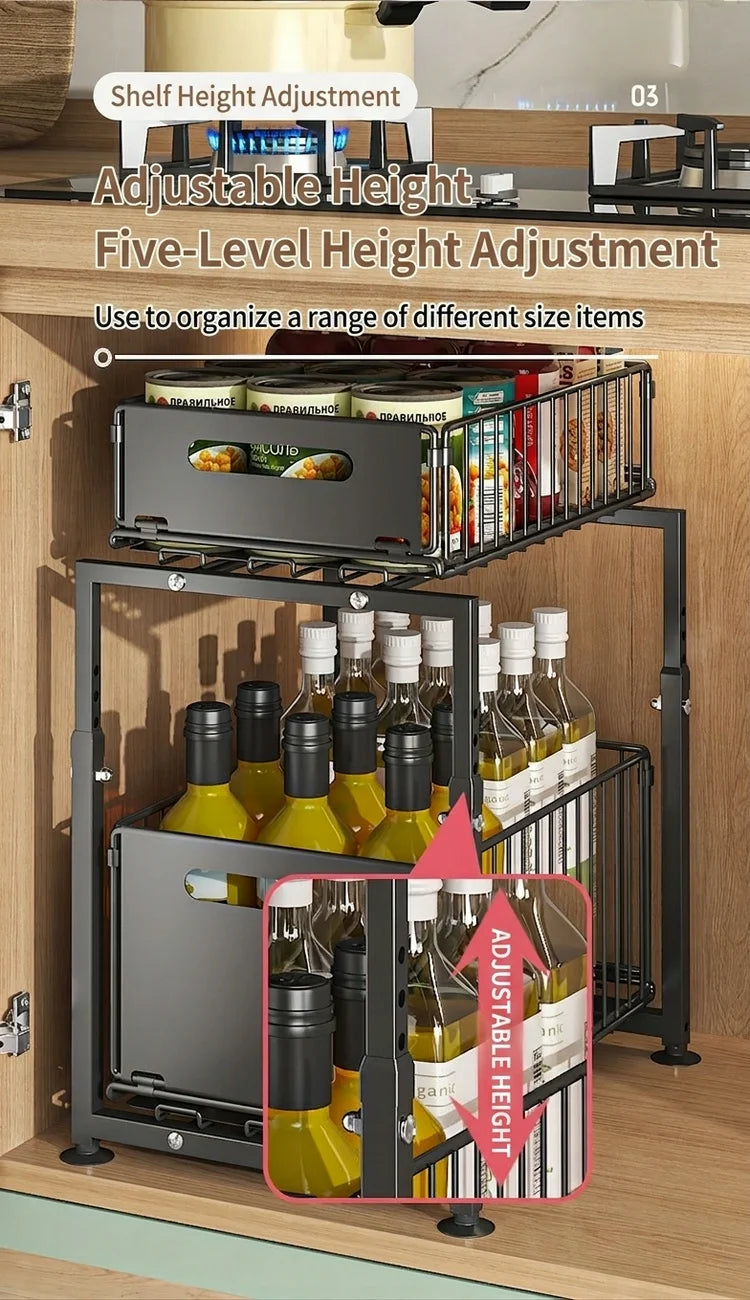 2 Tier Under Sink Organiser Adjustable Height Pull Out Basket Sliding Cabinet Storage Rack for Kitchen Bathroom Pantry