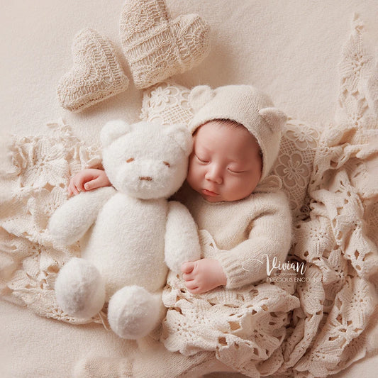 KD Newborn Photography Outfit INS White Bear Set Knitted Hat Long Sleeve Jumpsuit Baby Shoot Clothing Cute Bear Doll Photo Props