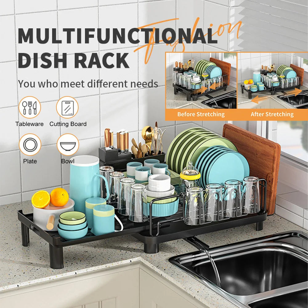 Multi-function Dish Drying Rack Household Extendable Dish Rack with Drainboard Dish Drainer Storage Organizer Cutlery Cup Holder