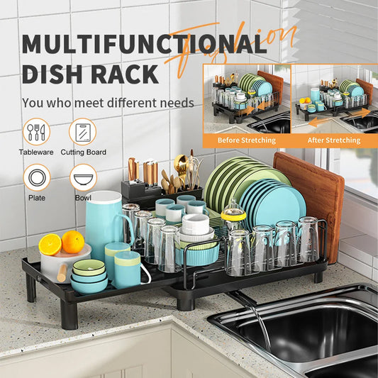 Multi-function Dish Drying Rack Household Extendable Dish Rack with Drainboard Dish Drainer Storage Organizer Cutlery Cup Holder