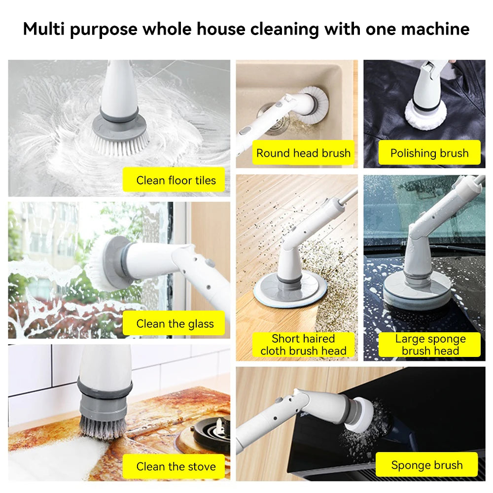 Floor Cleaning Brush for Kitchen Bathroom Electric Cordless  Spin Scrubber with 8 Replaceable Brush Heads 2 Extension Handle