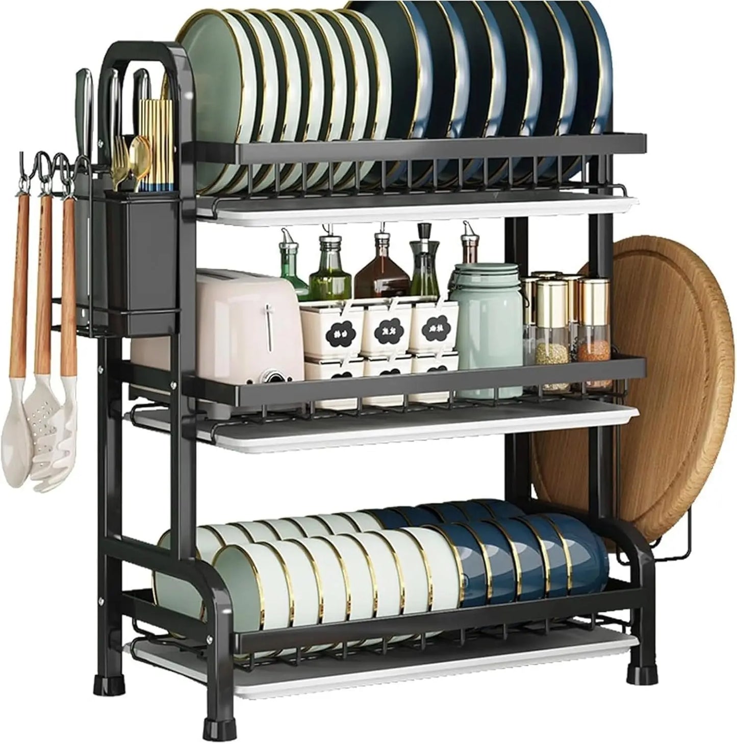 3 Tier Dish Drying Rack Drain Board Set Tableware Drainer Kitchen Countertop Storage Rack Cup Holder Knife and Fork Holder Uk