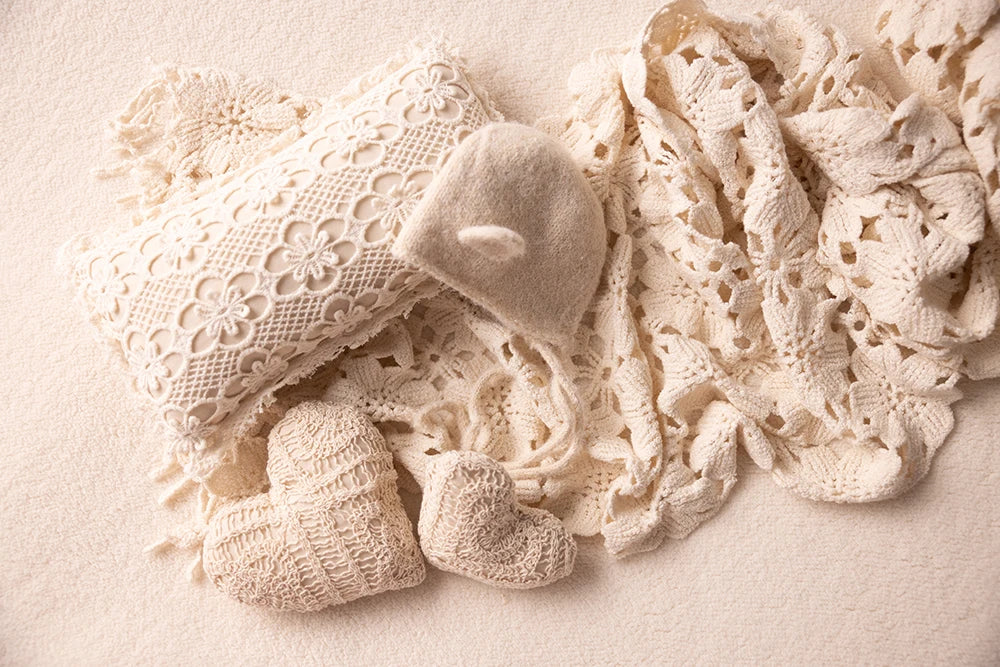 KD Newborn Photography Outfit INS White Bear Set Knitted Hat Long Sleeve Jumpsuit Baby Shoot Clothing Cute Bear Doll Photo Props