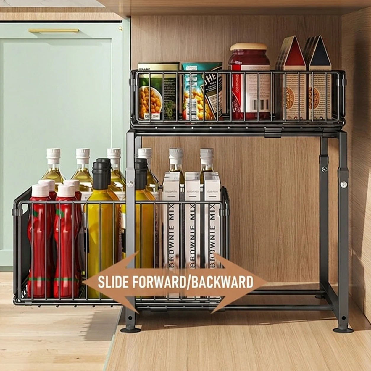 2 Tier Under Sink Organiser Adjustable Height Pull Out Basket Sliding Cabinet Storage Rack for Kitchen Bathroom Pantry