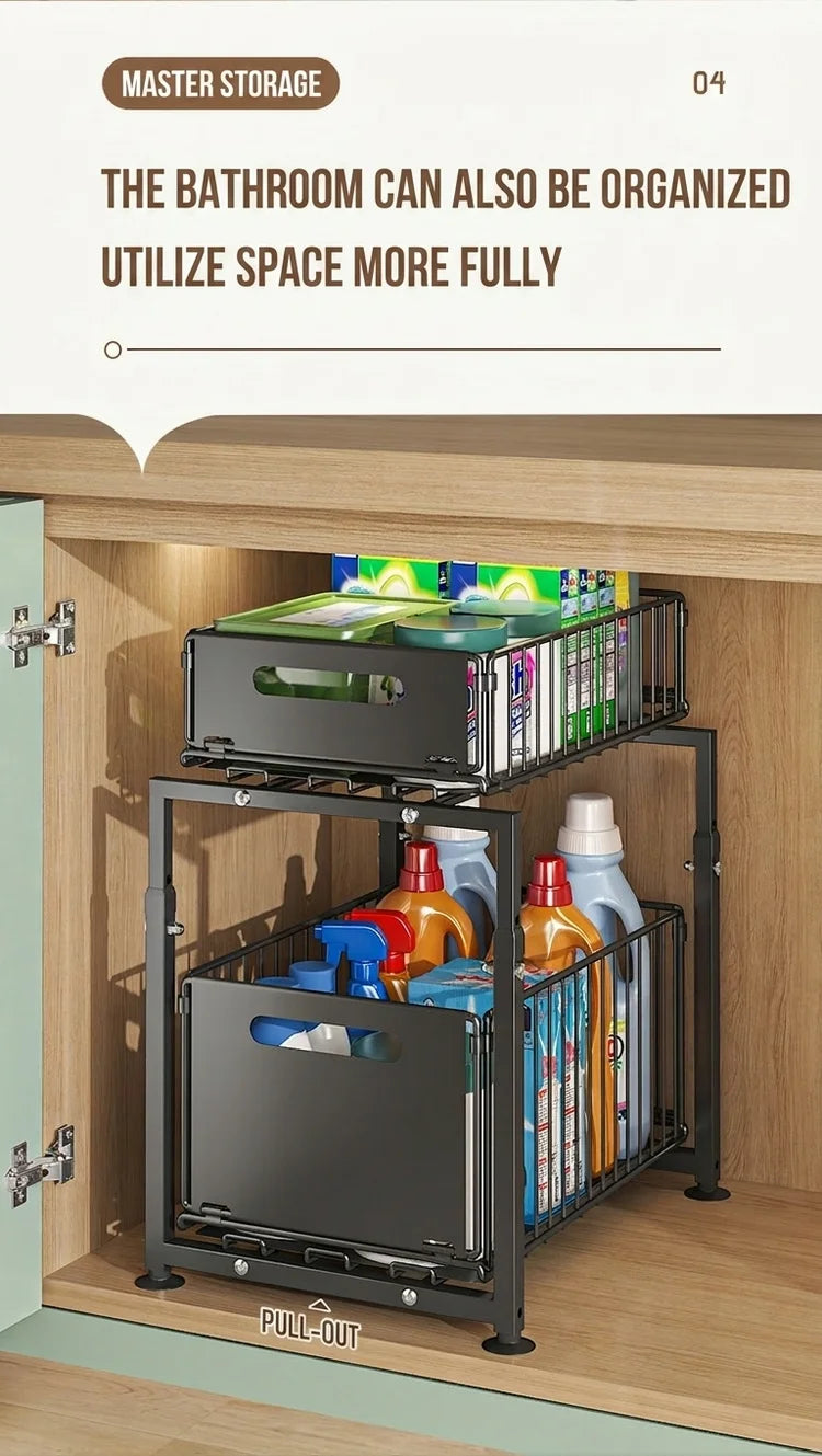 2 Tier Under Sink Organiser Adjustable Height Pull Out Basket Sliding Cabinet Storage Rack for Kitchen Bathroom Pantry
