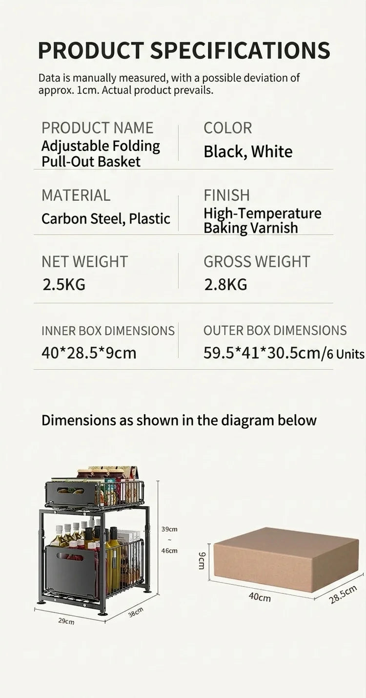 2 Tier Under Sink Organiser Adjustable Height Pull Out Basket Sliding Cabinet Storage Rack for Kitchen Bathroom Pantry