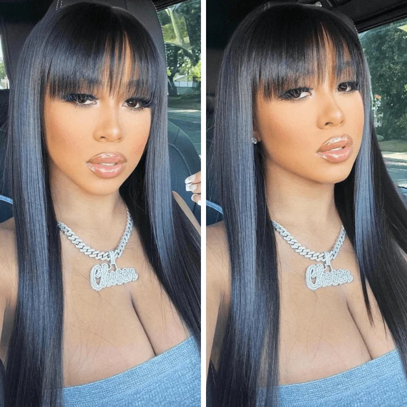 100% Human Hair Wig With Bangs Short Bob Human Hair Wigs For Black Women Cheap Brazilian Straight Black 30 Inch Long Fringe Wig