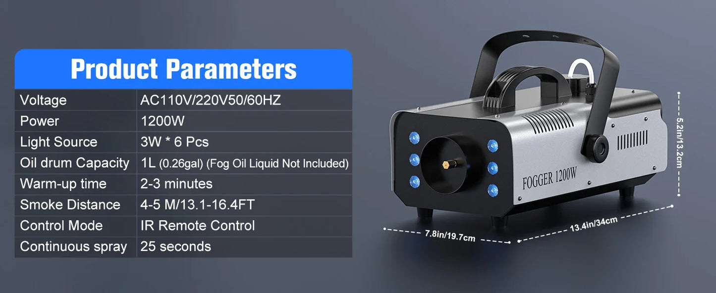 Light 1200W Fog Machine with RGB LEDs Lighting for Play Theater Professional Stage Home Entertainment Halloween Party