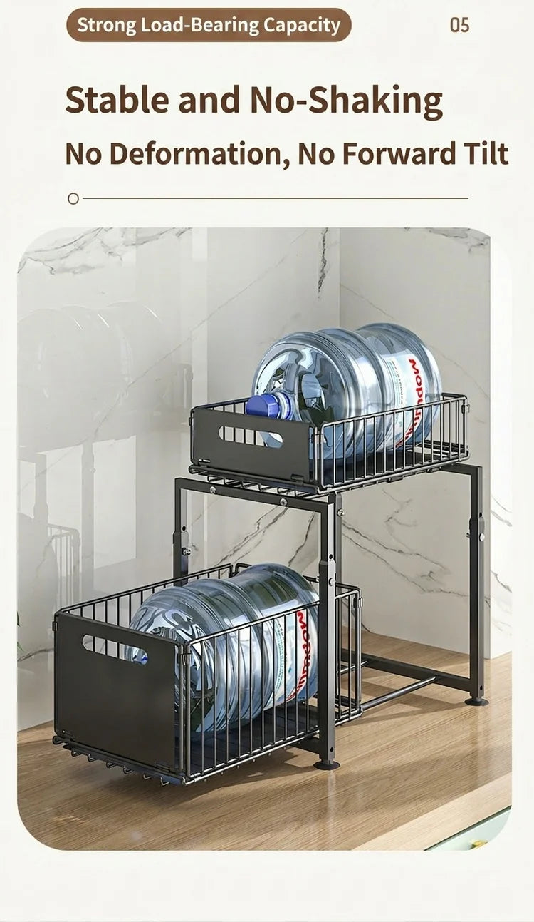 2 Tier Under Sink Organiser Adjustable Height Pull Out Basket Sliding Cabinet Storage Rack for Kitchen Bathroom Pantry