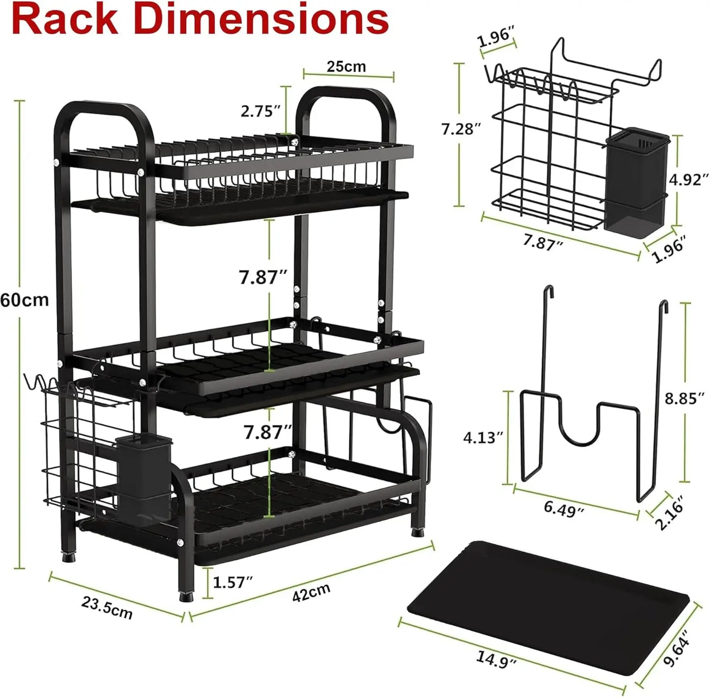 3 Tier Dish Drying Rack Drain Board Set Tableware Drainer Kitchen Countertop Storage Rack Cup Holder Knife and Fork Holder Uk