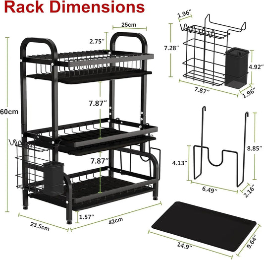 3 Tier Dish Drying Rack Drain Board Set Tableware Drainer Kitchen Countertop Storage Rack Cup Holder Knife and Fork Holder Uk