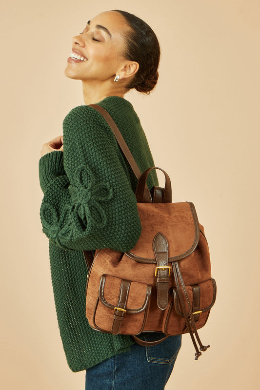 Yumi Tan Faux Suede Pocket Rucksack