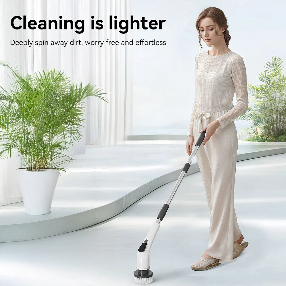 Floor Cleaning Brush for Kitchen Bathroom Electric Cordless  Spin Scrubber with 8 Replaceable Brush Heads 2 Extension Handle