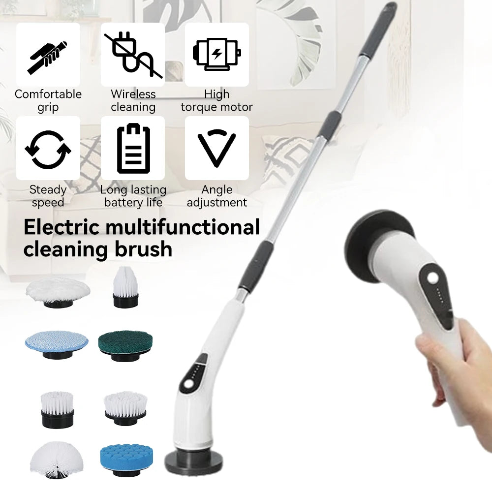 Floor Cleaning Brush for Kitchen Bathroom Electric Cordless  Spin Scrubber with 8 Replaceable Brush Heads 2 Extension Handle
