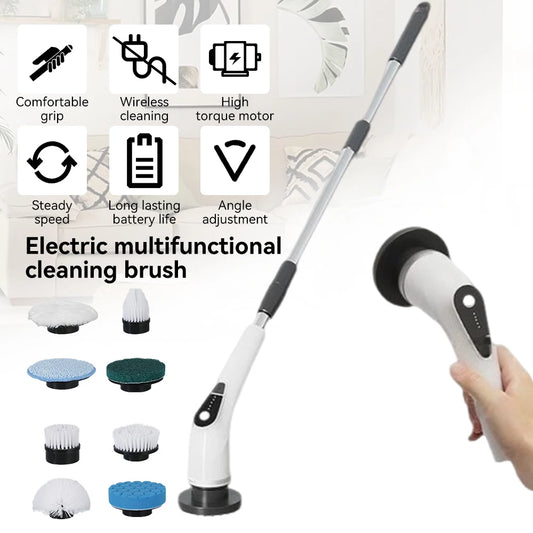 Floor Cleaning Brush for Kitchen Bathroom Electric Cordless  Spin Scrubber with 8 Replaceable Brush Heads 2 Extension Handle