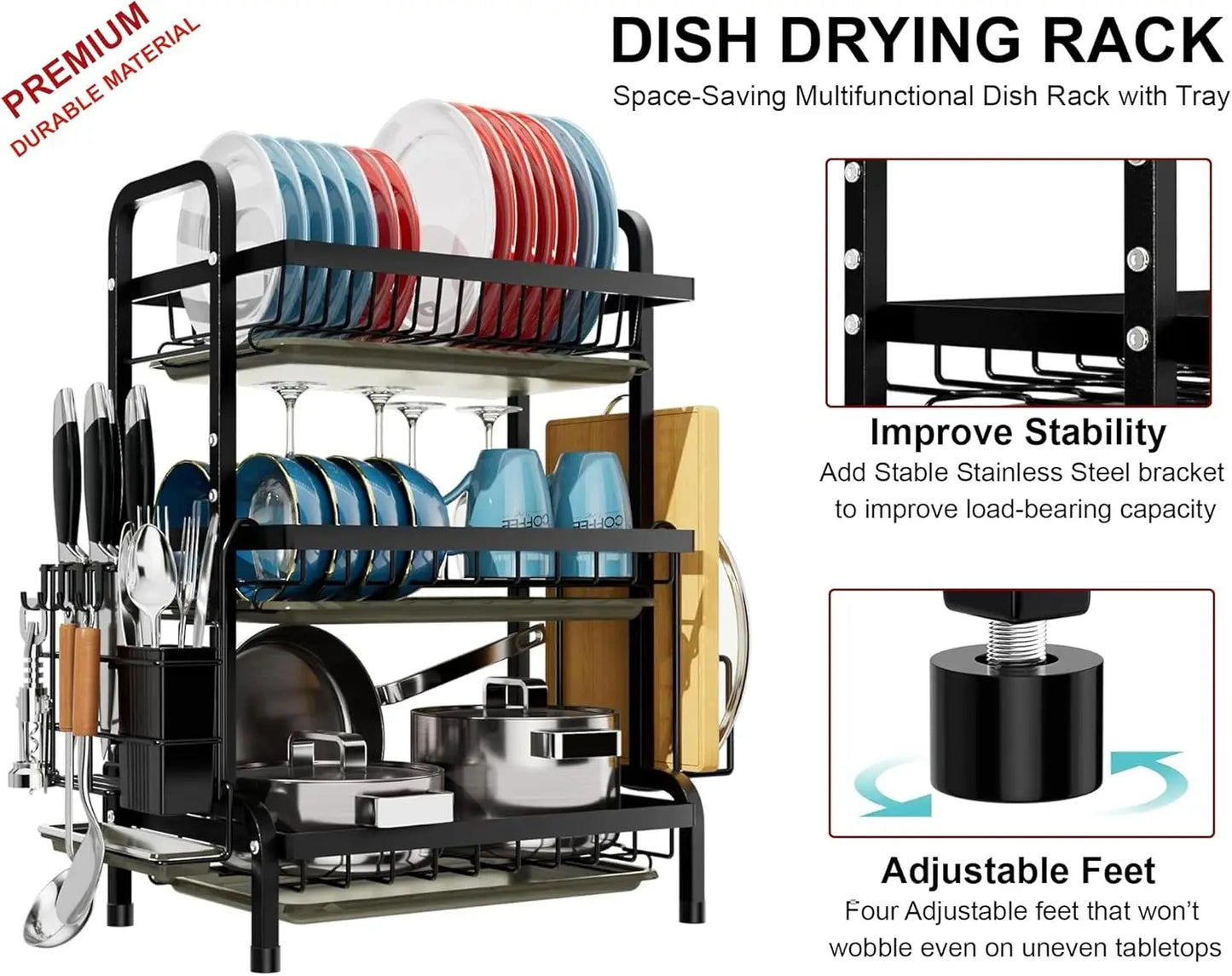3 Tier Dish Drying Rack Drain Board Set Tableware Drainer Kitchen Countertop Storage Rack Cup Holder Knife and Fork Holder Uk